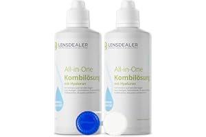 ‎LENSDEALER KONTAKTLINSEN ZUM DEALPREIS Lensdealer Kontaktlinsen Fluessigkeit - Pflegemittel mit Hyaluron, 2 Flasche à 360ml Kontaktlinsenflüssigkeit inkl. 2 Linsenbehälter