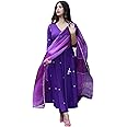 GoSriKi Women's Cotton Blend Anarkali Embroidered Kurta with Pant & Dupatta