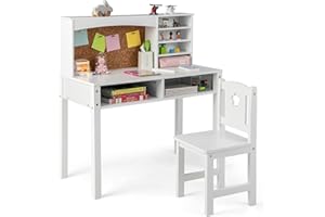 COSTWAY Kids Desk and Chair Set, Wooden Children Study Table with Hutch, Cork Board, Storage Shelves, School Students Workstation for Studying, Reading and Drawing (White)