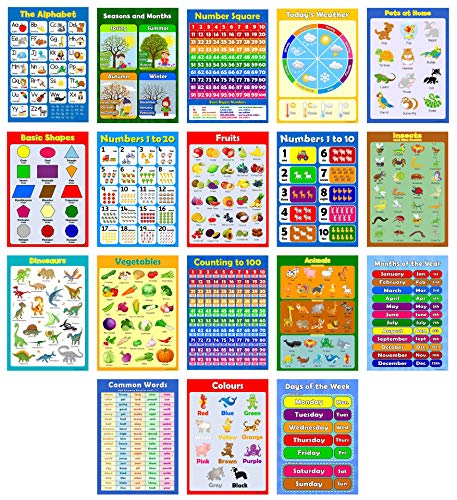 PRESCHOOL 18 x EDUCATIONAL GLOSSY POSTERS for Children, Toddler, Nursery, Kindergarten, Early Learning, Classroom Wall Chart Childrens Set Pack - Day care, Home school - Alphabet, Counting, Numbers