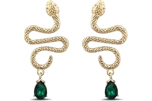Aliyoham Snake Stud Earrings for Women, 14K Gold Plated with Green Emerald Gemstone, Vintage Animal Jewelry, Hypoallergenic Birthstone Gift