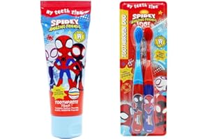 DAA DISTRIBUTION Spidey and His Amazing Friends Kids Toothpaste 75ml + 2 Toothbrush Set | Marvel Spider-Man Children’s Oral Care Kit | Bubblegum Flavour | Extra Soft Bristles | Fun Dental Hygiene Gift Pack