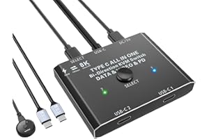 CAMGEET Switch USB C, switcher USB tipo C bidirezionale per 2 computer, switch KVM USB C 2 in 1 out o 1 in 2 out 8K@60Hz 4K@120Hz Video/Trasferimento dati 10Gbps/Ricarica 100W