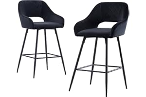 JaHECOME Bar Stools Set of 2 Black Velvet Padded with Footrest Armrest Kitchen High Stools Supported Black Metal Legs for Breakfast Bar, Counter, Kitchen and Home