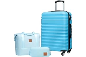 COOLIFE Suitcase Trolley Carry On Hand Cabin Luggage Hard Shell Travel Bag Lightweight with TSA Lock,The Suitcase Included 1pcs Travel Bag and 1pcs Toiletry Bag (Sky Blue, 24 Inch Luggage Set)