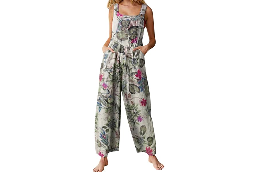YILEEGOO Cotton Linen Dungarees for Women, Ladies Casual Overalls Baggy Wide Leg Pants Jumpsuit Playsuit