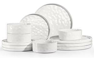 Homikit 12 Piece Dinner Sets, Reactive Glaze Plates and Bowls Set for 4 People, Elegant Dinnerware Stoneware for Kitchen Dinner Camping, Scratch Resistant, Dishwasher & Microwave Safe, Pearl White