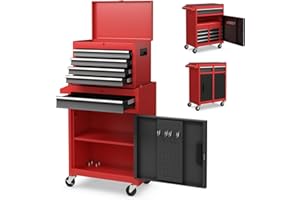 TANGZON Lockable Tool Cabinet, Rolling Tool Chest Combo with Wheels, Drawers, Hooks & Side Handle, Detachable Garage Workshop Tool Cart Trolley (without Middle Compartment, Black+Red)