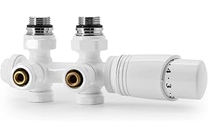 VANCOCO Multiblock mit Thermostat für Heizkörper 50mm Nabenabstand, Hahnblock, Ventil-Armaturen Set in Eck- und Durchgangsform mit Eurokonus für Ø16×2 mm Kunststoff- und Ø15mm Kupferrohre (Weiß)