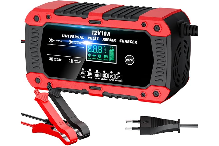 Cargador de Batería de Coche 12V 10A Cargador baterias Coche AGM Gel SLA | Pantalla Táctil LCD Inteligente,Protección de