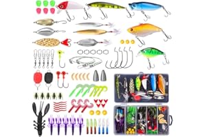 QIGEN LTD Fishing Lures Kit Set 88pcs/120pcs,Baits Tackle Including Spinners,VIB,Hooks,Swivels,Jigs,Worms,Tackle Box and More Fishing Gear Lures