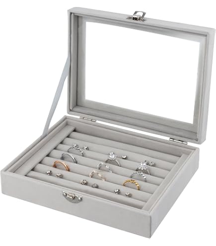 Kurtzy Boite Vitrée de Rangement Bague en Velours Gris avec 7 Sections - Boite