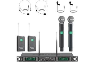 Phenyx Pro Wireless Microphone System, 4-Channel UHF Wireless Mic Set with Handheld/Bodypack/Headset/Lapel Mics, Fixed Frequency Metal Cordless Microphone for Church,Singing,DJ(PTU-5000-2H2B)