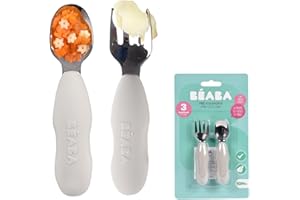 BÉABA BEABA, Set di 2 posate in acciaio inox e silicone, Posate per bambini, Posate per bambini, A partire da 10 mesi, Forma ergonomica, Impugnatura ergonomica, Posate per l'apprendimento, Grigio velluto