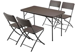 BAKAJI Set Tavolo Tavolino Pieghevole 122 x 60 cm + 4 Sedie Pieghevoli Arredo Esterno Giardino Terrazzo Struttura in Acciaio Inox e Sedute in Polyrattan (Coffee)