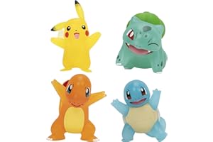 Pokémon PKW2798 Battle - Paquete de 4 Figuras translúcidas con Pikachu de 3 Pulgadas, Charmander, Bulbasaur, Squirtle-Authentic Details, Plata, Negro