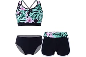 Kaerm Ragazza Tre Pezzi Costumi da Bagno Bikini da Spiaggia Crop Top con Pantaloncini Tankini Mare Piscina Set Spiaggia Swimsuit Beachwear 3-16 Anni