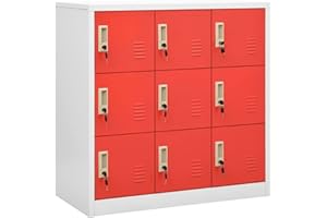 GEAKV Susany Locker Cabinet, Office Workplace Metal Locker Cabinet Storage Bathroom Shelf, Storage Cabinet, Storage Organiser, With 9 Lockers, Light Grey and Red 90x45x92.5 cm Steel, Type C