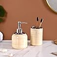 Nestasia Ceramic Bath Set of 2 - Liquid Soap Dispenser & Toothbrush Holder for Bathroom & Wash Basin - Beige & Brown Glossy Bathroom Accessories