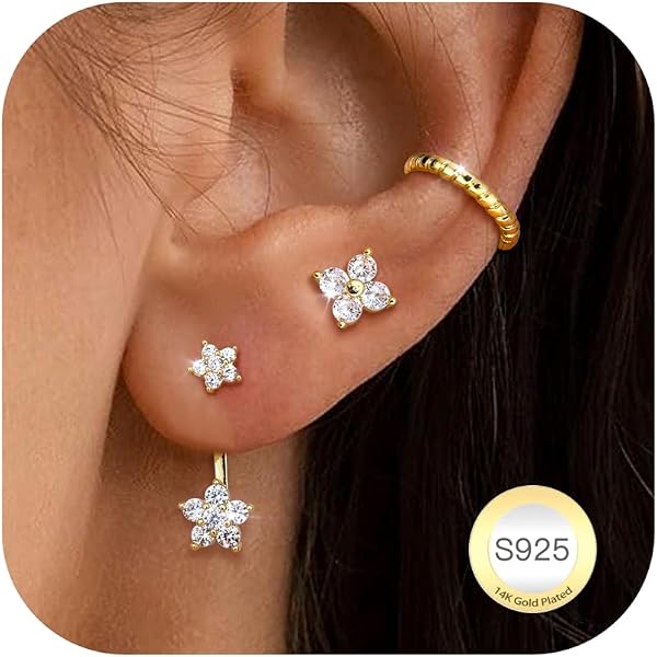 Adramata 4 Paia Orecchini In Argento 925 Placcato Oro – Cerchi, Ear Cuff, Borchie CZ Per Piercing Multipli - 2
