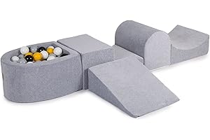 MEOWBABY Spielplatz Aus Schaumstoff mit Bällebad 200x45cm/100 Bälle Hindernisläufen für Kinder Baby Schaumspielset Hellgrau: Weiß/Grau/Schwarz/Gelb