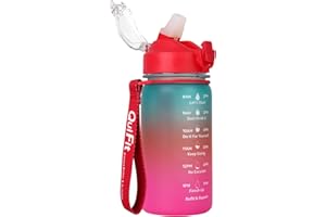BuildLife School Water Bottle,Kids Water Bottles with Straw and Time Markings, BPA Free 450ml Small Water Bottle,Leakproof Water Bottle, Dishwasher Safe Sports Water Bottle (Green Pink)