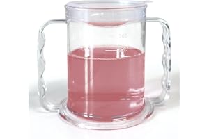 LIFE WITH DIGNITY Vaso de base ancha de dos asas con tapa antisalpicaduras, taza de ayuda para adultos mayores, tapa de bebida de apertura pequeña, doble asa, demencia, artritis, agarre débil, taza estable
