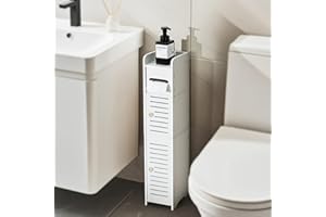 Bingobang Toilet Roll Holder Free Standing with Storage Shelf, Toilet Paper Stand with Crystal Door Handle, Waterproof Bathroom Storage Tissue Cabinet Organiser for Loo Small Space, White