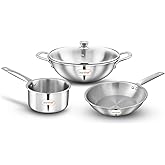 Greenchef Stainless Steel Tri ply Stainless Steel Crest Combo (Kadhai 22CM with Glass lid, FryPan 22CM, Saucepan 14CM) Exteri