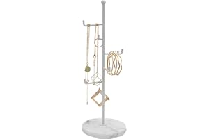 Sasha Morel 6 Tier Metal Jewellery Stand | Hanging Jewellery Organiser with Marble Base | Necklace Display Stand Room Decor for Earrings, Rings Organiser Storage & Gifts for Women (White)
