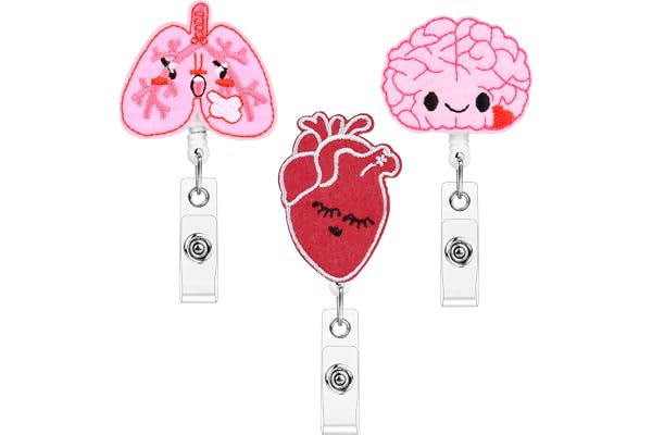 OFFCUP Porte Badge Enrouleur, 3pcs Porte-badges avec Clip Rétractable, Infirmière Porte-Badge porte-badges rétractables pour les médecins et le personnel cadeau d'étudiant (Poumons, Coeur, Cerveau)