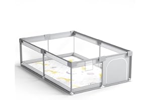 INVOKER Baby Playpen 120 * 180cm with Mat, Large Play Yard with Transparent Mesh Walls and Zip Door, Toddler Fence for Indoor & Outdoor Use with Travel Bag