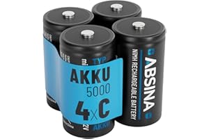 ABSINA 4X LR 14 Batterien C Baby wiederaufladbar 5000 mit geringer Selbstentladung - Akku C Batterien LR14 NiMH mit min. 4500mAh & 1,2V - LR14 Batterie C