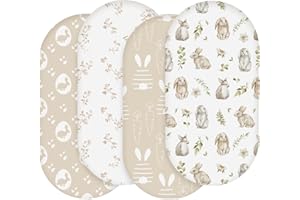 SOARWG KIDS Moses Basket Sheets 82X41cm, Baby Bassinet Sheets Pram Sheet Fitted for Boy and Girl, Crib Fitted Sheets Oeko-tex100 Fit for Oval, Hourglass & Rectangle Bassinet 4 Packs Rabbit/White