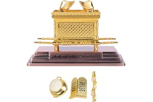 BRTAGG - Estatua del Arca de la Alianza chapada en Oro con Contenido de Arca - Vara de Aarón/Vasija de maná/Piedra de Diez mandos - HolyLand (S)