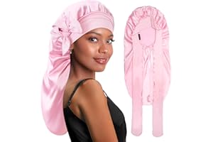 BONNET QUEEN Bonnet Soie Longue avec Bande Large pour Femme des Cheveux Bouclés, Bonnet Satin de Nuit pour Cheveux Longs Naturels Tresse Perruques Locs Dreadlocks, Rose