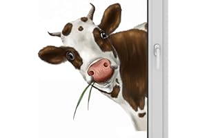 Dirfuny Cute Cow Window Sticker, 30 x 35cm Realistic Peeking Cow Print, Brown, PVC, Cartoon Style, Indoor Use, Window Sticker