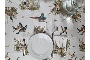 GBiancheria Tovaglia da tavola Stampata in 100% Cotone con TOVAGLIOLI Dis. FAGIANO ANATRA Adatta per l'uso quotidiano Prodotto Ideato, Tessuto e Confezionato in Italia (Per 8 Persone 140x220cm)