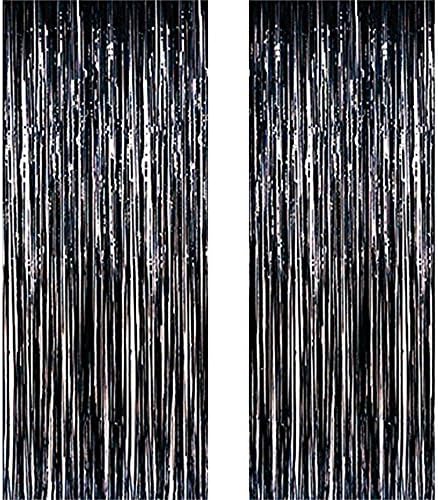 Fadirew™ 2 Pack Metallic Fringe Foil Curtain Door Window Curtains For Party Tinsel Party Anniversary Wedding Tassel Decoration, 3.28ft x 6.56ft, Black
