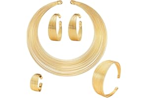 BSLVWG 5PCS Jewelry Sets for Women African National Statement Necklace Open Cuff Bracelet Chunky Costume Jewelry Set Hoop Earrings Women Rings Bangle Gold Choker Statement Necklace