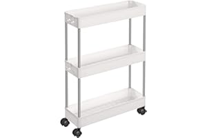 ‎SONGMICS SONGMICS Wózek, wózek kuchenny z 3 poziomami, półka kuchenna, półka niszowa, z 6 hakami, kółka obrotowe 360°, zamykana, stalowa rama, łazienka, kuchnia, biuro, biały KSC007W01