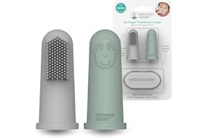 ‎MATCHSTICK MONKEY Matchstick Monkey Fingerzahnbürste für Babys ab 3 Monaten, 2er Set mit Aufbewahrungsbox, Silikon, BPA-frei, BioCote® antibakteriell, Zahnpflege unterwegs (grau & mintgrün)