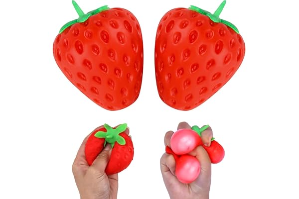 Anboor Lot de 2 boules anti-stress avec forme réaliste de fraise et fruit pour enfants et adultes, fidget toy squishy, jouet à écraser, soulagement du stress, cadeau d'anniversaire