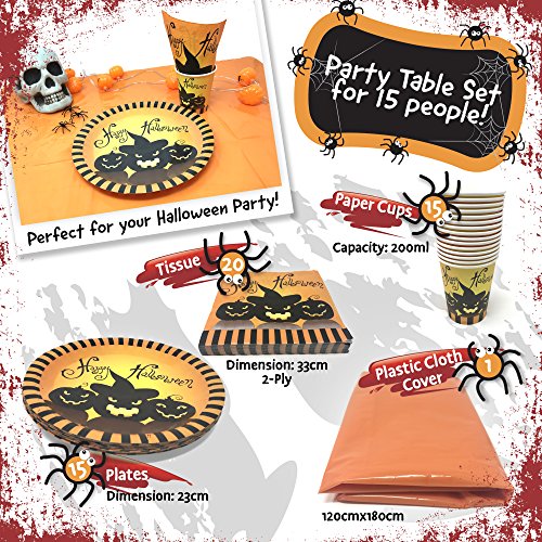 Pack Jetable Halloween - 97 Pièces Pour 24 Personnes : Assiettes, Gobelets, Serviettes Et Nappe Thème Fantômes Et Citrouilles