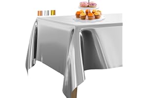 ‎PARTYWOO PartyWoo Silber Folientischdecke, 137x274cm/ 54 x 108 Zoll Rechteckige Party Tischdecke Abwaschbar für 6 bis 8 Fuß Tisch, Tischtuch, wasserdichte Tischdecke für Geburtstag, Hochzeit (1 STÜCK)