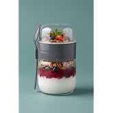 Kakt&uuml;sKedi Kaşıklı &Ccedil;atallı Cam &Ouml;ğ&uuml;n Bardağı - Yemek Taşıma Ve Saklama Kabı - M&uuml;sli Kabı 625 Ml Antrasit, 7480000717855