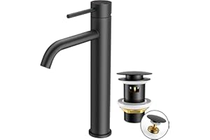 FORIOUS Wasserhahn Bad mit Ablaufgarnitur, Waschtischarmatur Hoch Waschbecken Armaturen in Schwarz mit Auslaufhöhe 190 MM High,Einhebelmischer Mischbatterie für Waschbecken Waschtisch Badezimmer