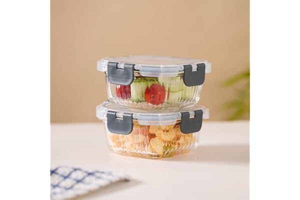 Nestasia Glass Transparent Lunch Box for Women & Men Set of 2 (300ml), Borosilicate Tiffiin Containers, Microwave and Dishwasher Safe, Airtight and Leak-Proof with Safety Lock