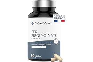 NOVOMA Fer Bisglycinate 14 mg + Vitamine C, Haute Absorption, Immunité & Anti-fatigue, Cure de 3 mois, Complément Alimentaire breveté Ferrochel®, 90 Gélules Vegan, Fabriqué en France