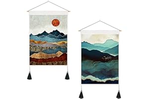 BetterJonny 2 Pack Mountain Wall Art, 35cmx50cm Japanese Misty Forest Tapestry with Tassels for Bedroom